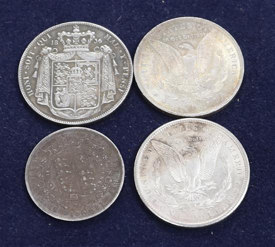 A William IV silver crown, 1836, GVF two Morgan dollars 1884 and 1900 and a Victoria silver double florin 1887 (4)